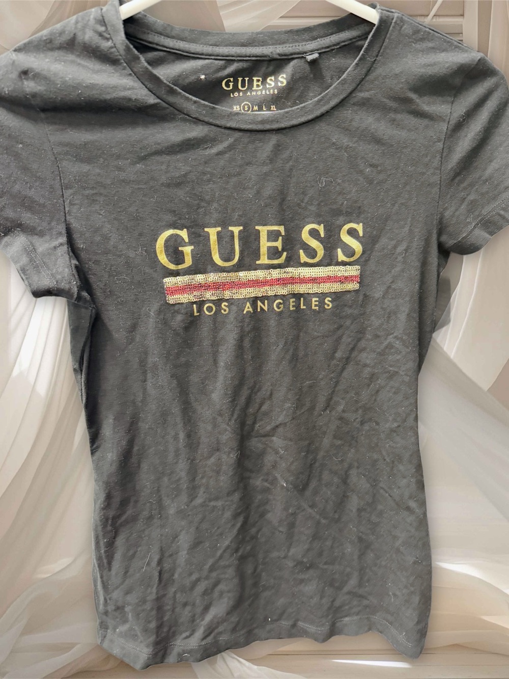 GUESS Black Short Sleeve Logo Tee with Gold and Red Stripe